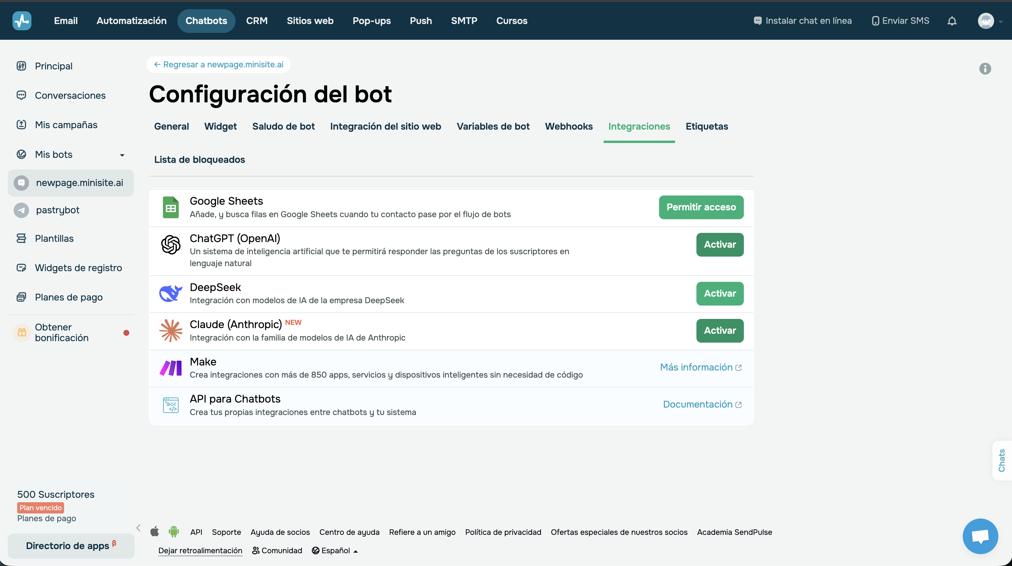 SendPulse, una de las plataformas para crear chatbots con IA mostrando la activación de la integración con ChatGPT